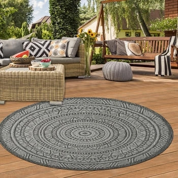 Teppich-Traum Runder Outdoor-Teppich mit Ethno-Muster – Elegantes Anthrazit Schwarz modern 120 cm Rund
