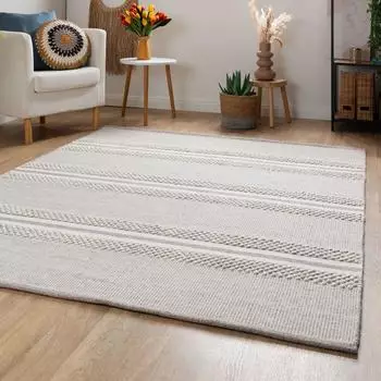Steffensmeier Handweb Teppich Habo - Breite Streifen Silber 120x180 cm