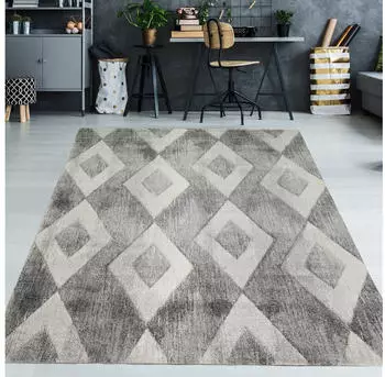 TeppichHome24 Abstrakter Teppich mit Rautenformen (160x230cm) creme-grau