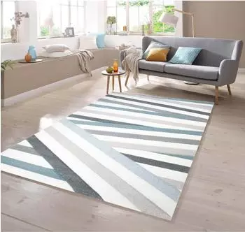 TeppichHome24 Designer Teppich mit Konturenschnitt Gestreift (80x300cm) Blau Creme Beige