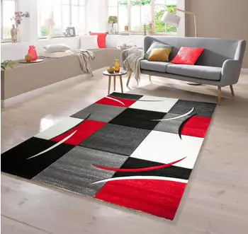 TeppichHome24 Designer Teppich mit Konturenschnitt Karo Muster (80x300cm) Rot Grau Weiß Schwarz
