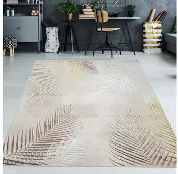 TeppichHome24 Designer Teppich Palmzweige (120x170cm) creme grau gold