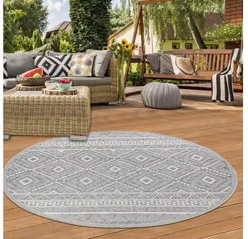TeppichHome24 In- & Outdoor Teppich Sisal Optik Rauten Muster (120cm Rund) graufarben