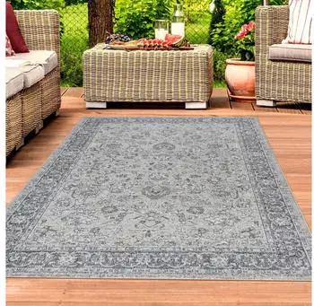 TeppichHome24 Outdoor-Teppich Vintage Muster Wohnzimmer und Terrasse (80x300cm) grau