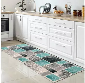 Carpetia Moderner Küchenläufer I Gelrücken I auffälliges Karomuster I Türkis, Creme und Grau 80x300 cm