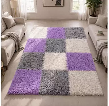 Carpetia Shaggy Teppich Mehrfarbig Flieder Grau Creme - moderner Hochflor Teppich mit Karomuster 160x230 cm