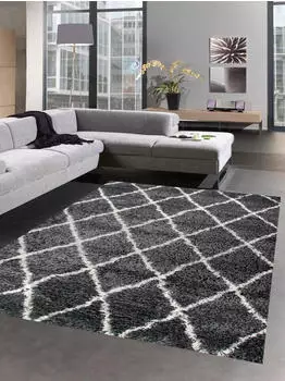 Carpetia Shaggy Teppich Wohnzimmerteppich Hochflor Langflor Rauten grau creme 120x170 cm