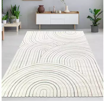 Carpetia Teppich im stilvollen Bogenmuster in Beige mit bunten Streifen 140x200 cm