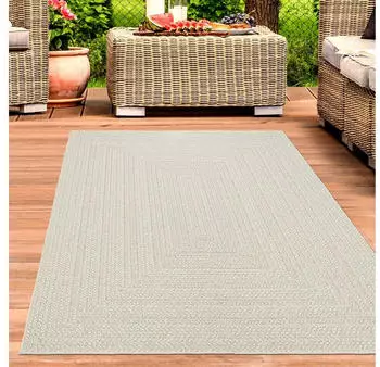 Carpetia Teppich Outdoor Wohnzimmer wetterfest mit rechteckigem Linienmuster in Creme 240x340 cm