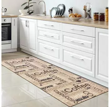 Carpetia Küchenläufer I beige I schwarz braunem Schriftzug Coffee Cappuccino Espresso Macchiato 80x300 cm