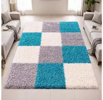 Carpetia Shaggy Teppich Mehrfarbig Türkis Grau Creme - moderner Hochflor Teppich mit Karomuster 140x200 cm