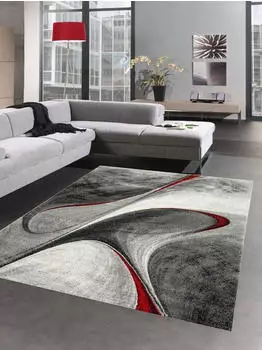 Carpetia Teppich modern Wohnzimmerteppich abstrakt in grau rot 80x150 cm