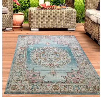 Carpetia Teppich Outdoor Orientteppich Wohnzimmerteppich Ornamente in blau creme 240x340 cm