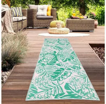 Carpetia Wasserfester Outdoor-Teppich mit tropischem Design in petrol 90x300 cm