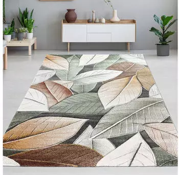 Carpetia Teppich mit Blättermuster in Grün Beige und Creme für Wohnzimmer Esszimmer oder Schlafzimmer 160x230 cm