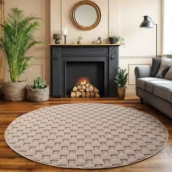 Simpex Teppich Karo Design Bouclé, rund 120cm, beige