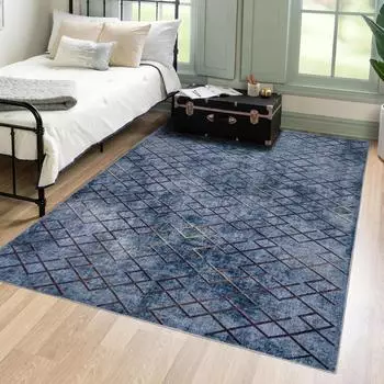 Mazovia Toscana Kurzflor-Teppich, waschbar, geometrisch, blau, 80x200cm (26011)