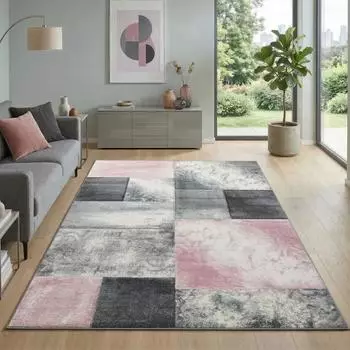 CarpetSale24 Teppich kariert, Kurzflor, Konturenschnitt, rosa-grau, 280x370cm (NEW-HAWAII2803701710PINK)