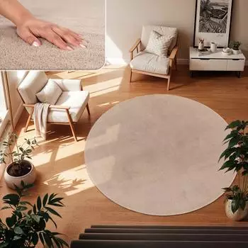 TT Home Kurzflor-Teppich, einfarbig, rund, waschbar, beige (42858)