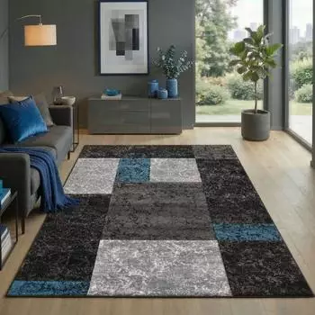 CarpetSale24 Teppich kariertes Design, Kurzflor, schwarz-grau-blau, 200x290cm (NEW-HAWAII2002901330TURKIS)