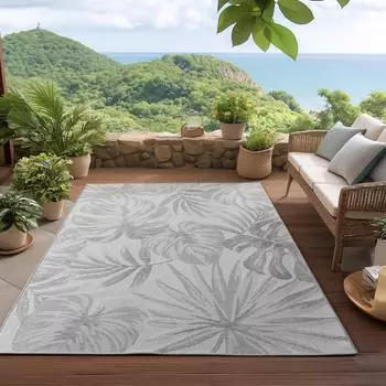HomebyHome Outdoor-Teppich grau 160x230cm, wetterfest & UV-beständig, Palmblätter-Design