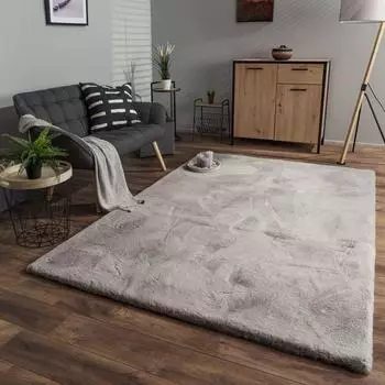 TT Home Hochflor Teppich Langflor Kaninchenfell-Imitat, weich, grau, rund 120cm