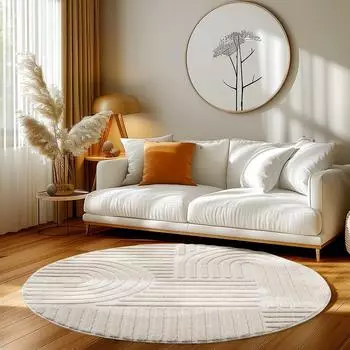 HomebyHome Wohnzimmerteppich Boho skandinavisch, creme, Hoch-Tief-Effekt, 200cm rund (HHART2002001121CREAM)