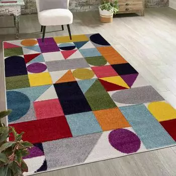 Mazovia Kurzflor-Teppich geometrisches Muster, bunt, creme/marineblau, 200x300cm
