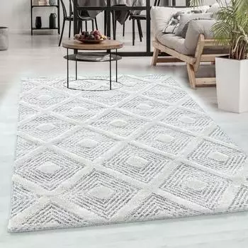 CarpetSale24 Hochflor-Teppich Rauten-Design, Hoch-Tief-Effekt, creme, 240x340cm (PISA2403404707GREY-MONO)