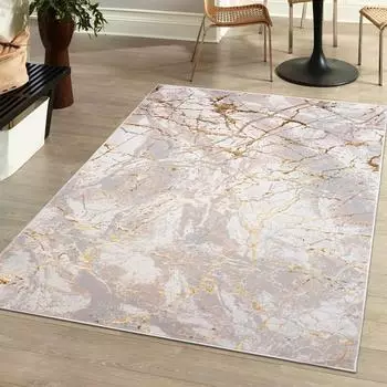 Mazovia Abstrakter Kurzflor-Teppich Marmor-Design beige-creme mit gold (MZ34B)