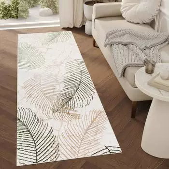 Tapiso Crystal Läufer Kurzflor beige/grün Blättermuster (80x800cm)