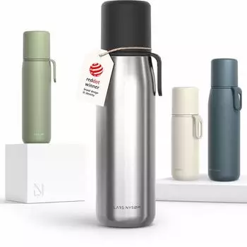 LARS NYSØM Thermosflasche Edelstahl doppelwandig mit Becher & Tragegurt 1000ml (LUN-6-STASTE)