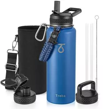 LuxusKollektion Trinkflasche mit Paracord-Griff & 3 Deckeln, vakuumisoliert, 1,2L, klassisches Blau