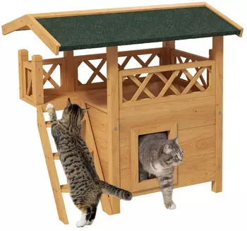 Pawhut Katzenhaus Tannenholz Terrasse und Treppe natur (D30-076V02ND)