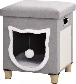 Pawhut Katzenhaus mit Kissen Ottomane mit Spielball Grau