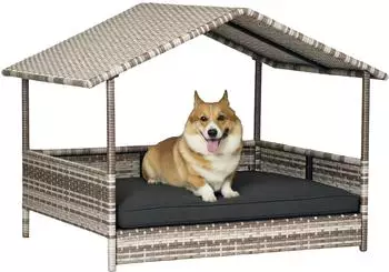 Pawhut Rattan Hundebett mit Kissen Grau