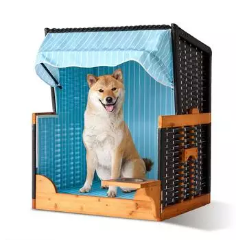 Relaxdays Hundestrandkorb Holz & Rattan mit Napf, hellblau, 95x75x65cm (10053176_470)