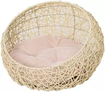 Pawhut Katzenhöhle aus Rattan mit Kissen, beige, Ø56x35cm