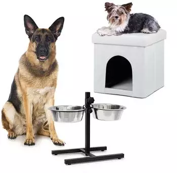 Relaxdays Home Sweet Hund Deluxe XL Set: Hundebox weiß & Futterstation mit Doppelnapf (10024045_0)