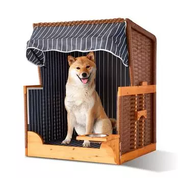 Relaxdays Hundestrandkorb Holz & Rattan mit Napf, 75x65x95cm