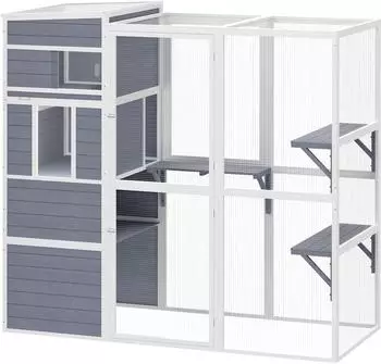 Pawhut Katzengehege Outdoor, Holz, 3 Plattformen, wetterfestes Dach