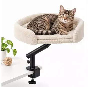 Relaxdays Katzenbett f&uuml;r Schreibtisch, Pl&uuml;sch, Kunstfell, beige/schwarz