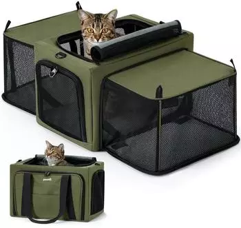Pecute Transportbox für Katzen & kleine Hunde, faltbar mit Seitenerweiterung, militärgrün