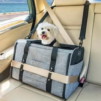 Petsfit Faltbare Transportbox mit Schultergurt, 4-seitigem Netz & Innenkissen, grau, 48x30,5x30,5cm