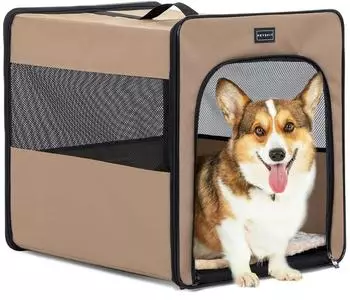 Petsfit Faltbare Hundebox für Zuhause & Auto, Größe M, khaki (61x46x53.5cm)