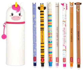 Legami Löschbare Gelstifte 7er Set inkl. 2-in-1-Federmäppchen aus Silikon Einhorn