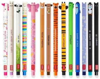Legami Löschbare Gelstifte 14er Set Einhorn, Hase, Panda, Lama, Schmetterling, Corgi, Teddybär, Tiger, Biene, Dino, Hai, Nilpferd, Pinguin, Katze