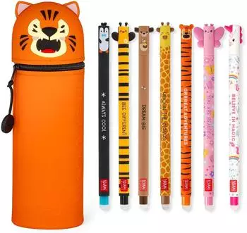 Legami Löschbare Gelstifte 7er Set inkl. 2-in-1-Federmäppchen aus Silikon Tiger