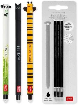 Legami Löschbare Gelstifte 3er Set + 3 schwarzen Nachfüllminen Panda, Katze, Biene