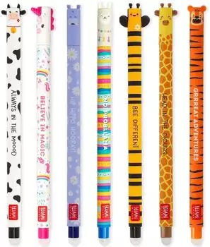 Legami L&ouml;schbare Gelstifte 7er Set Kuh, Einhorn, Nilpferd, Lama, Biene, Giraffe, Tiger